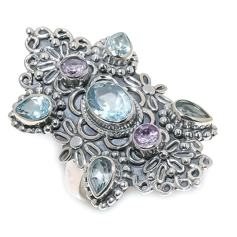 Swiss Blue Topaz, Amethyst Gemstone 925 Solid Sterling Silver Jewelry Rings (All Size Available)  SJ-1538 - Silverhubjewels