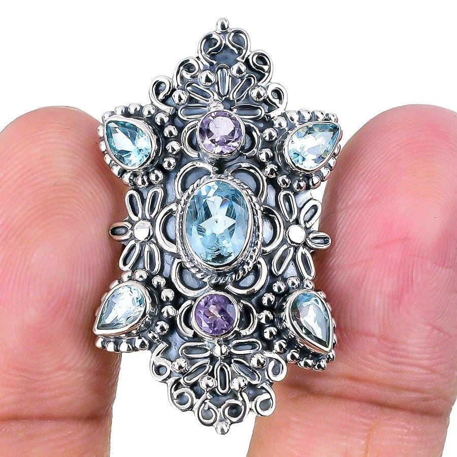 Swiss Blue Topaz, Amethyst Gemstone 925 Solid Sterling Silver Jewelry Rings (All Size Available)  SJ-1538 - Silverhubjewels