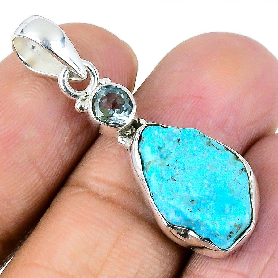 Arizona Turquoise, Blue Topaz Gemstone 925 Sterling Silver Jewelry Pendant