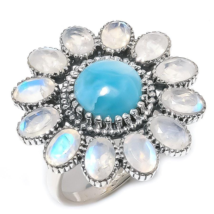 Larimar, Moonstone Gemstone 925 Solid Sterling Silver Jewelry Ring SJ-19 - Silverhubjewels