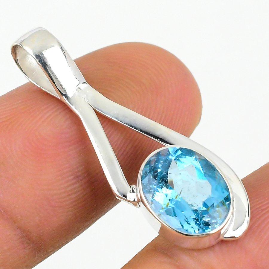 Swiss Blue Topaz Gemstone 925 Solid Sterling Silver Jewelry Pendant 1.38 SJ-32 - Silverhubjewels