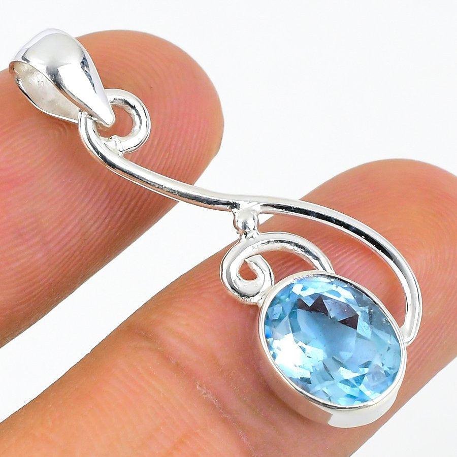 Swiss Blue Topaz Gemstone 925 Solid Sterling Silver Jewelry Pendant 1.46 SJ-35 - Silverhubjewels