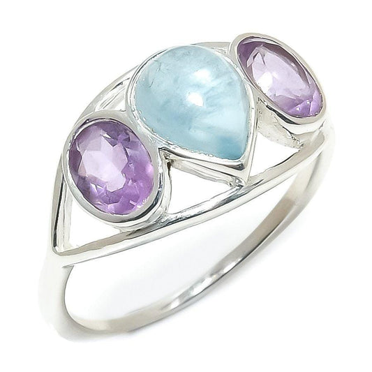 Aquamarine, Amethyst Gemstone Solid Sterling Silver Jewelry Ring