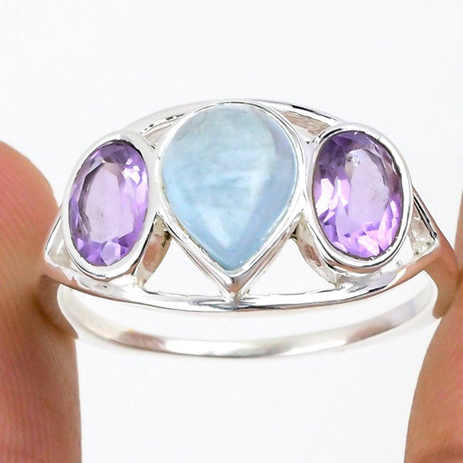 Aquamarine, Amethyst Gemstone 925 Solid Sterling Silver Jewelry Ring 