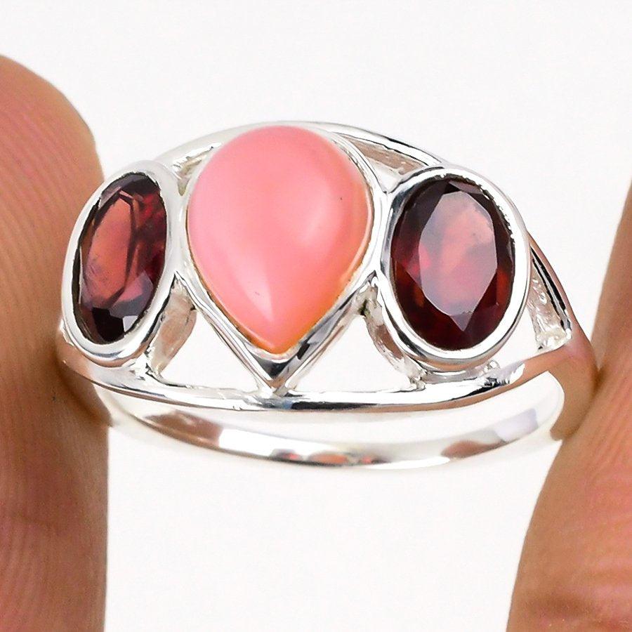Pink Opal, Garnet Gemstone 925 Solid Sterling Silver Jewelry Ring SJ-367 - Silverhubjewels