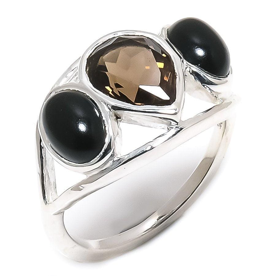 Smoky Topaz, Onyx Gemstone 925 Solid Sterling Silver Jewelry Ring SJ-370 - Silverhubjewels