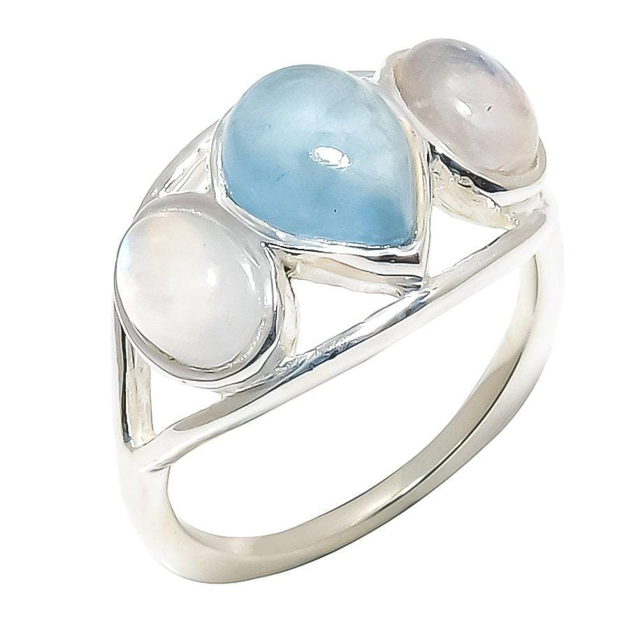 Aquamarine, Moonstone Gemstone Solid Sterling Silver Jewelry Ring