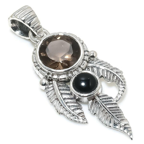 Smoky Topaz, Onyx Gemstone 925 Solid Sterling Silver Jewelry Pendant 1.77 SJ-389 - Silverhubjewels