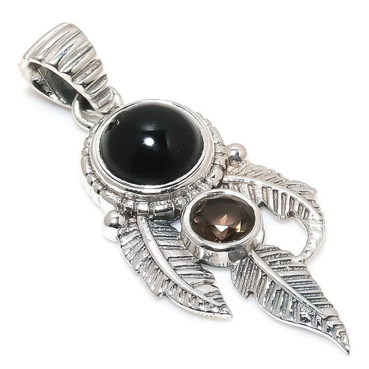 Black Onyx, Smoky Topaz Gemstone 925 Solid Sterling Silver Jewelry Pendant 1.77 SJ-397 - Silverhubjewels