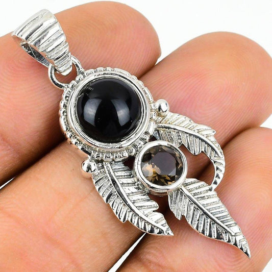 Black Onyx, Smoky Topaz Gemstone 925 Solid Sterling Silver Jewelry Pendant 1.77 SJ-397 - Silverhubjewels