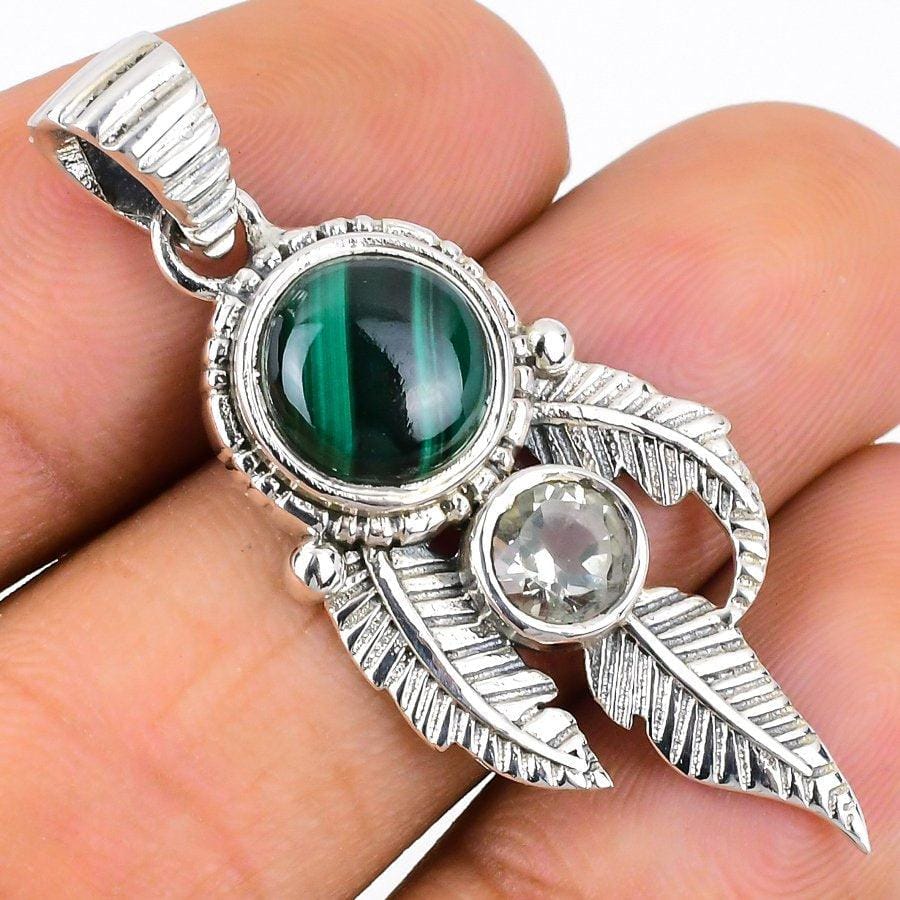 Malachite, Green Amethyst Gemstone 925 Solid Sterling Silver Jewelry Pendant 1.77 SJ-398 - Silverhubjewels