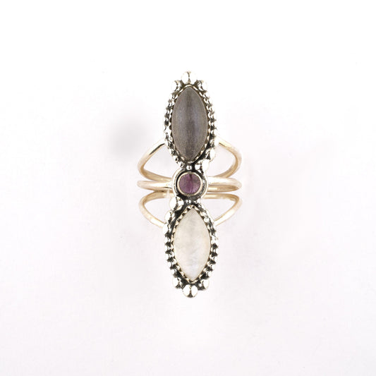 Rainbow Moonstone, Labradorite Natural Gemstone 925 Solid Sterling Silver Jewelry Designer Adjustable Ring ( Size 5 To 13 ) - Silverhubjewels