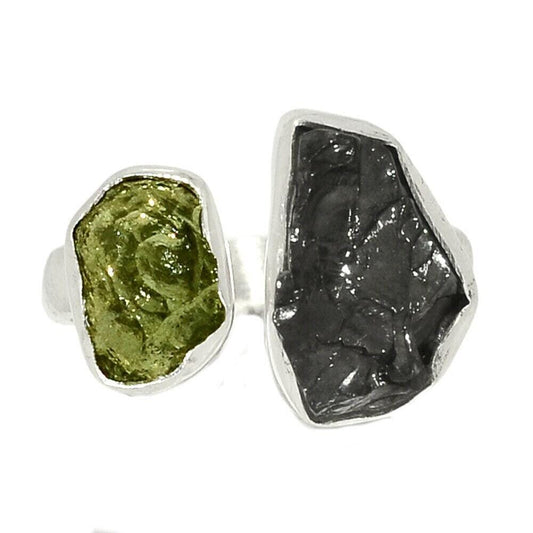 Authentic Moldavite Ring, Shungite Rough Natural Gemstone 925 Solid Sterling Silver from Czech Republic 925 Sterling Silver Handmade Jewelry