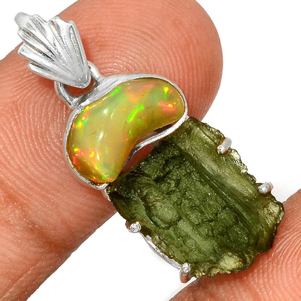 Moldavite Rough & Ethiopian Opal Pendant 100% Natural Certified Gemstone From Czech Republic 925 Sterling Silver Handmade Designer Jewelry - Silverhubjewels