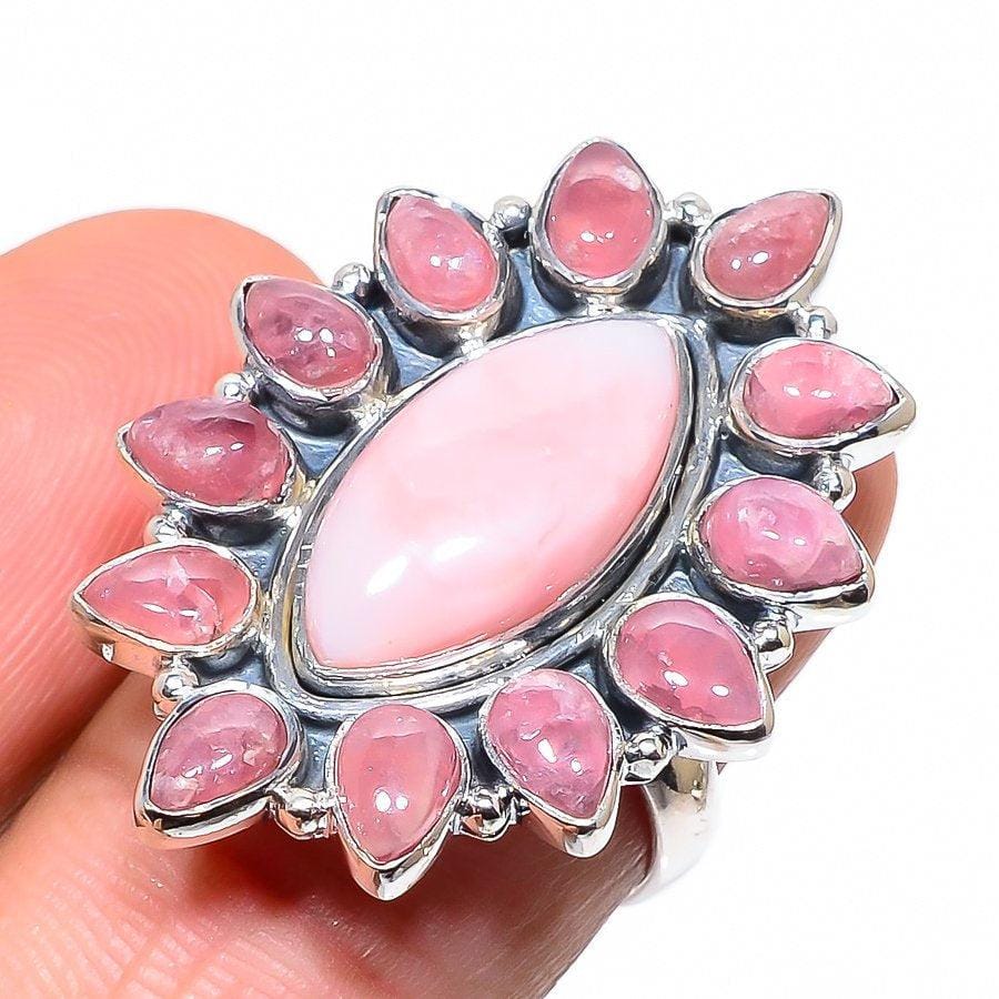 Pink Opal & Rhodochrosite Rough Ring Natural Gemstone 925 Solid Sterling Silver Handmade Designer Jewelry ( All Sizes Available ) - Silverhubjewels