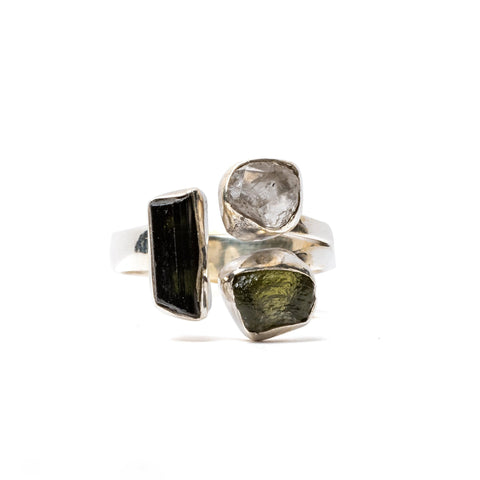Moldavite, Black Tourmaline, Herkimer Diamond Ring With Certified Czech Republic Natural Gemstone 925 Solid Sterling Silver Handmade Jewelry - Silverhubjewels