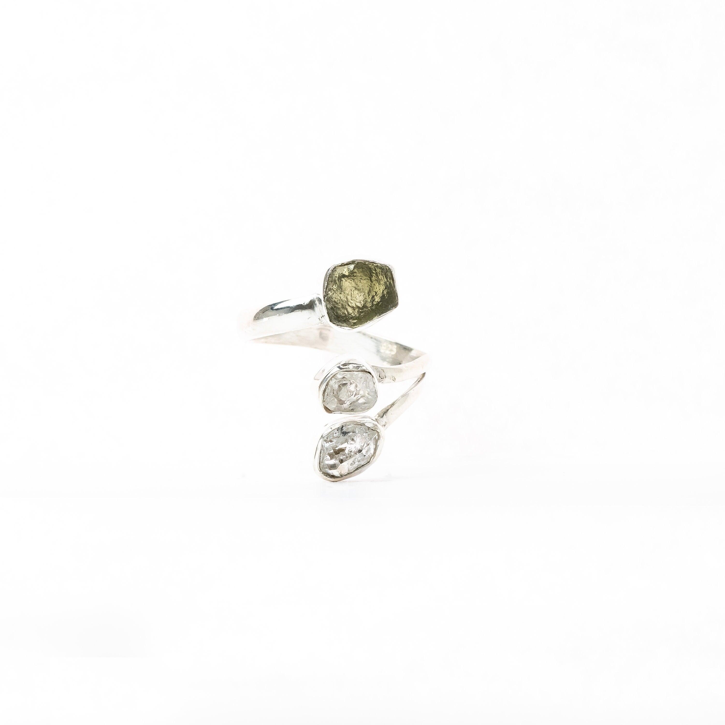 Certified Czech Moldavite & Herkimer Rough Ring 925 Solid Sterling Silver Handmade Natural Gemstone Designer Jewelry ( All sizes available) - Silverhubjewels