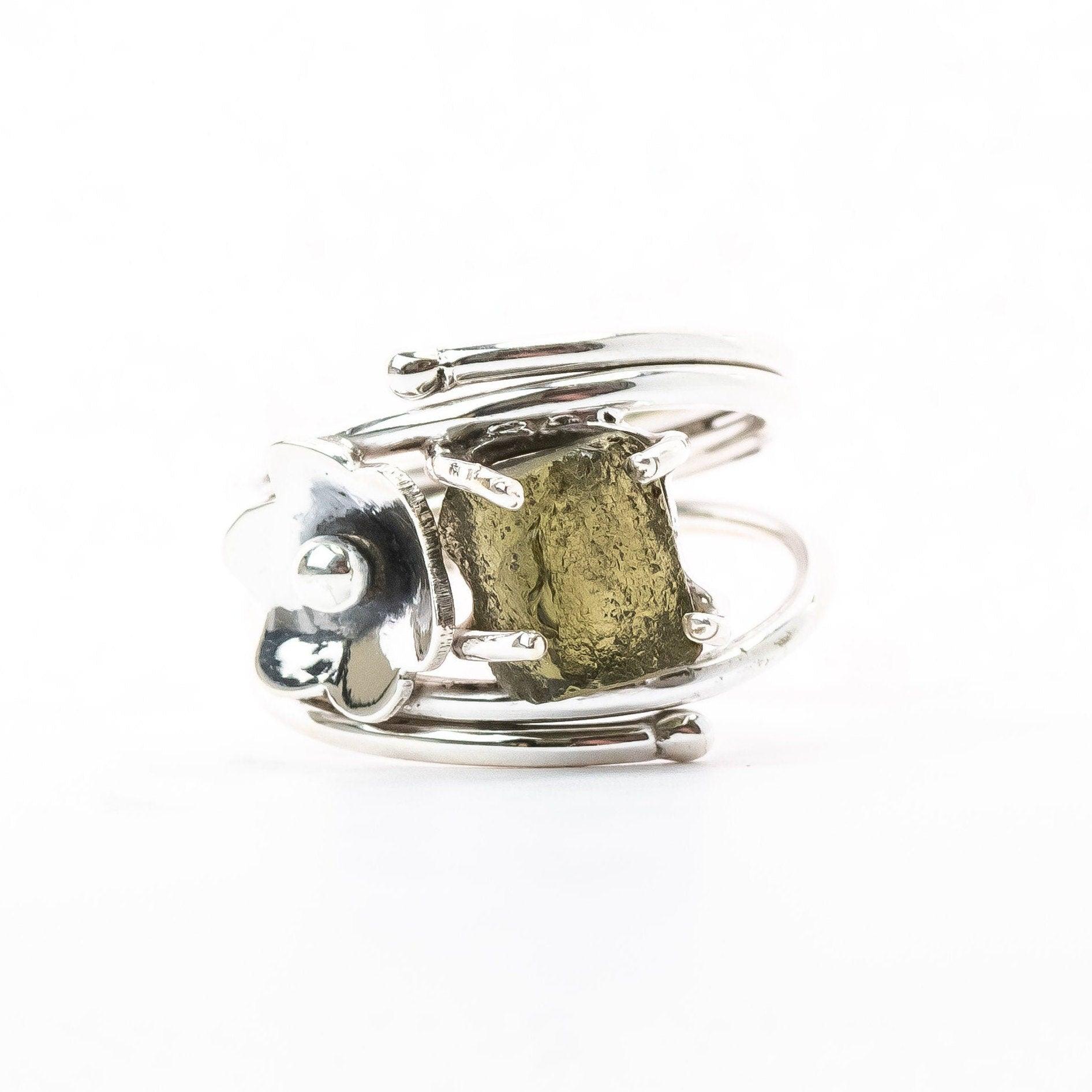 Moldavite Rough Ring From Czech Republic 100% Natural Gemstone 925 Solid Sterling Silver Handmade Designer Jewelry - Silverhubjewels