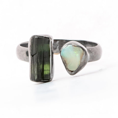 Black Tourmaline & Ethiopian Opal Rough Ring Natural Gemstone 925 Solid Sterling Silver Handmade Designer Jewelry ( All sizes available) - Silverhubjewels