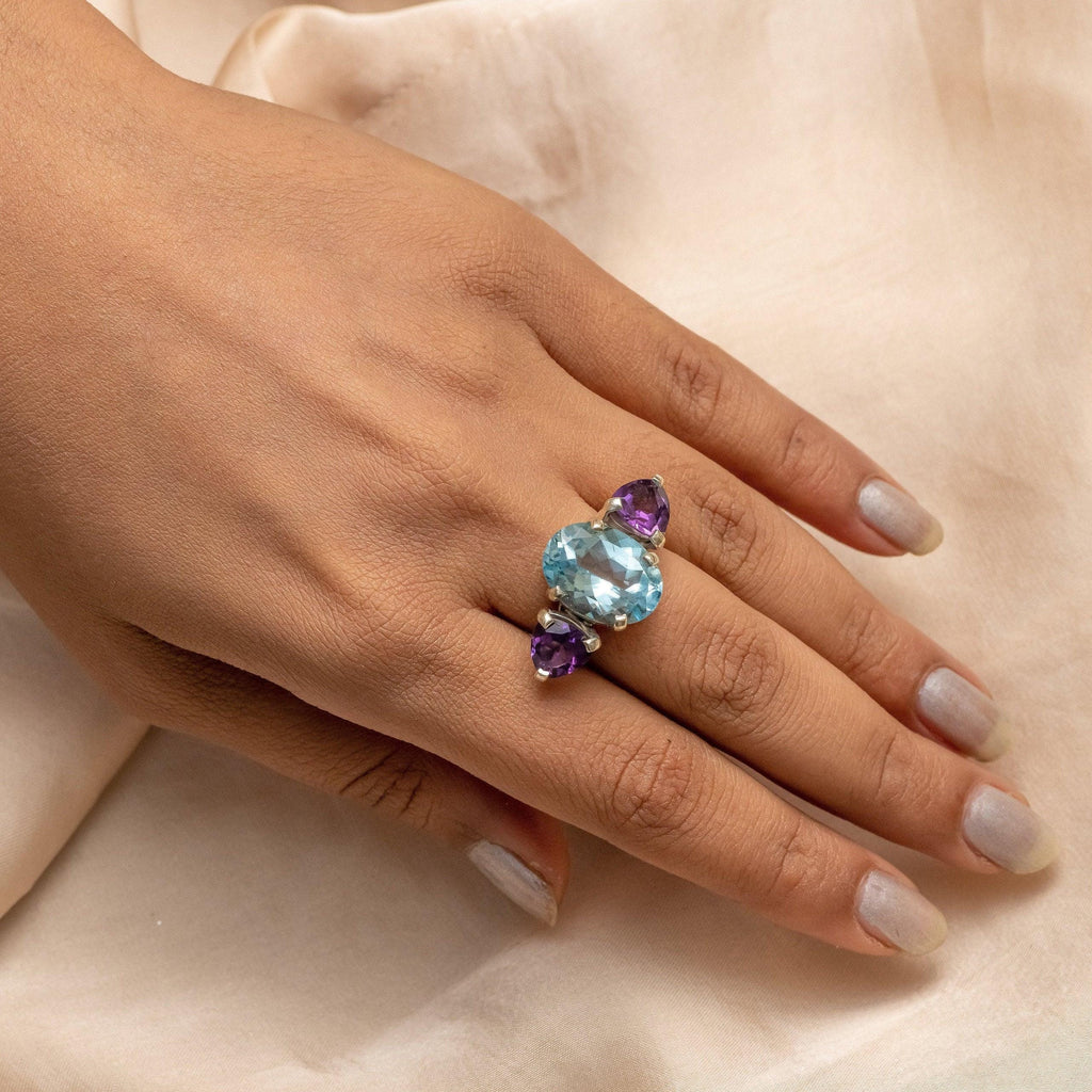 Blue Topaz & Amethyst Ring Natural Gemstone 925 Solid Sterling Silver Handmade Designer Jewelry ( All Sizes Available ) - Silverhubjewels