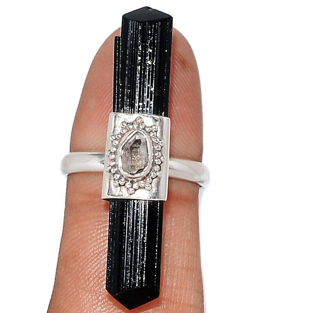 Black Tourmaline Rough & Herkimer Diamond Customised Ring Bigg er - Silverhubjewels