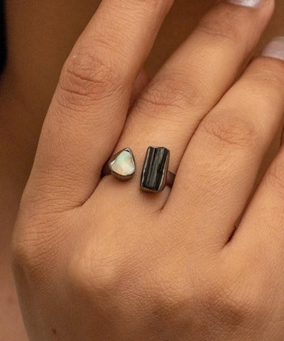 Black Tourmaline & Ethiopian Opal Rough Ring Natural Gemstone 925 Solid Sterling Silver Handmade Designer Jewelry ( All sizes available) - Silverhubjewels