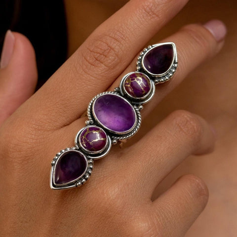 Purple Copper Turquoise & Amethyst Designer Ring Natural Gemstone 925 Solid Sterling Silver Handmade Statement Jewelry (All Sizes Available) - Silverhubjewels