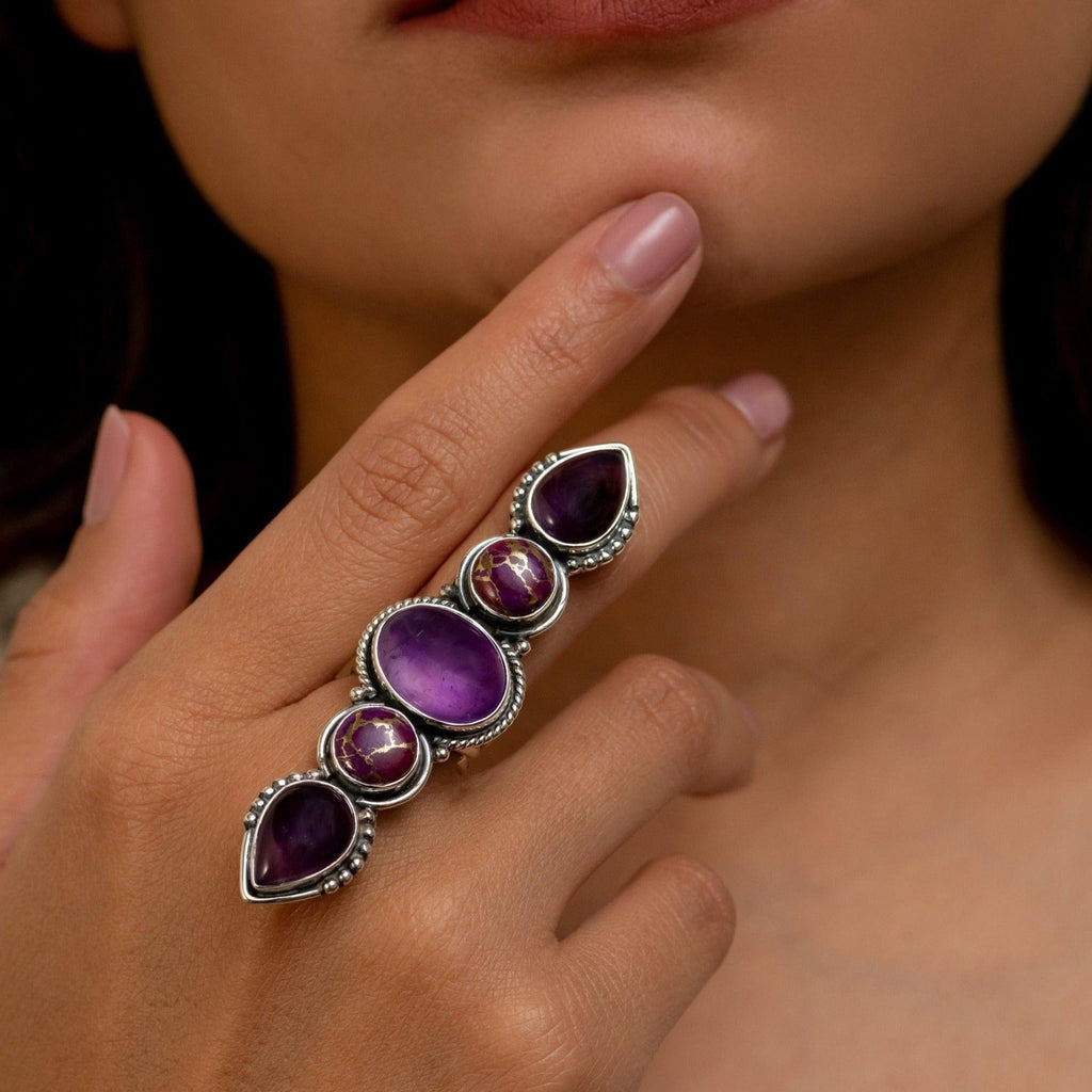 Purple Copper Turquoise & Amethyst Designer Ring Natural Gemstone 925 Solid Sterling Silver Handmade Statement Jewelry (All Sizes Available) - Silverhubjewels