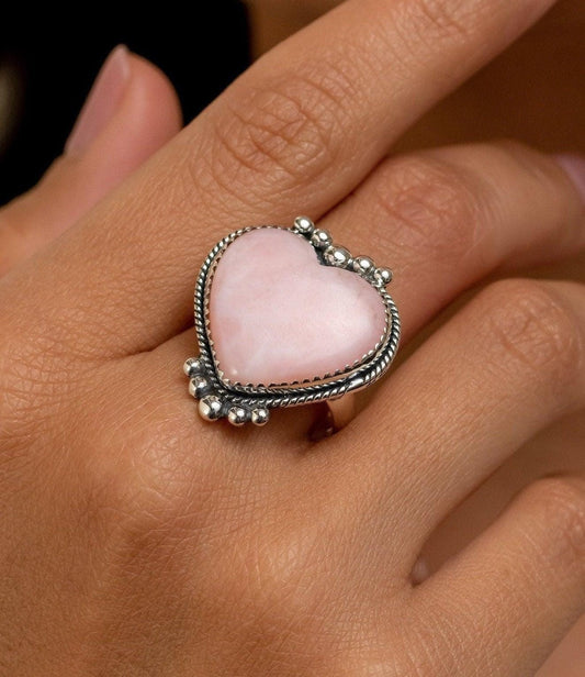 Pink Opal Heart Shape Statement Ring Natural Gemstone 925 Solid Sterling Silver Handmade Designer Jewelry ( All sizes available) - Silverhubjewels