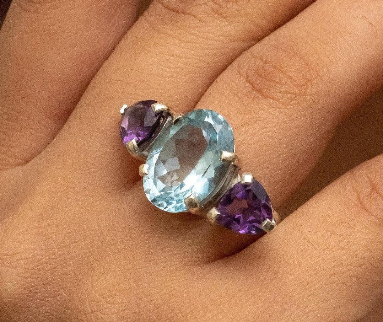 Blue Topaz & Amethyst Ring Natural Gemstone 925 Solid Sterling Silver Handmade Designer Jewelry ( All Sizes Available ) - Silverhubjewels