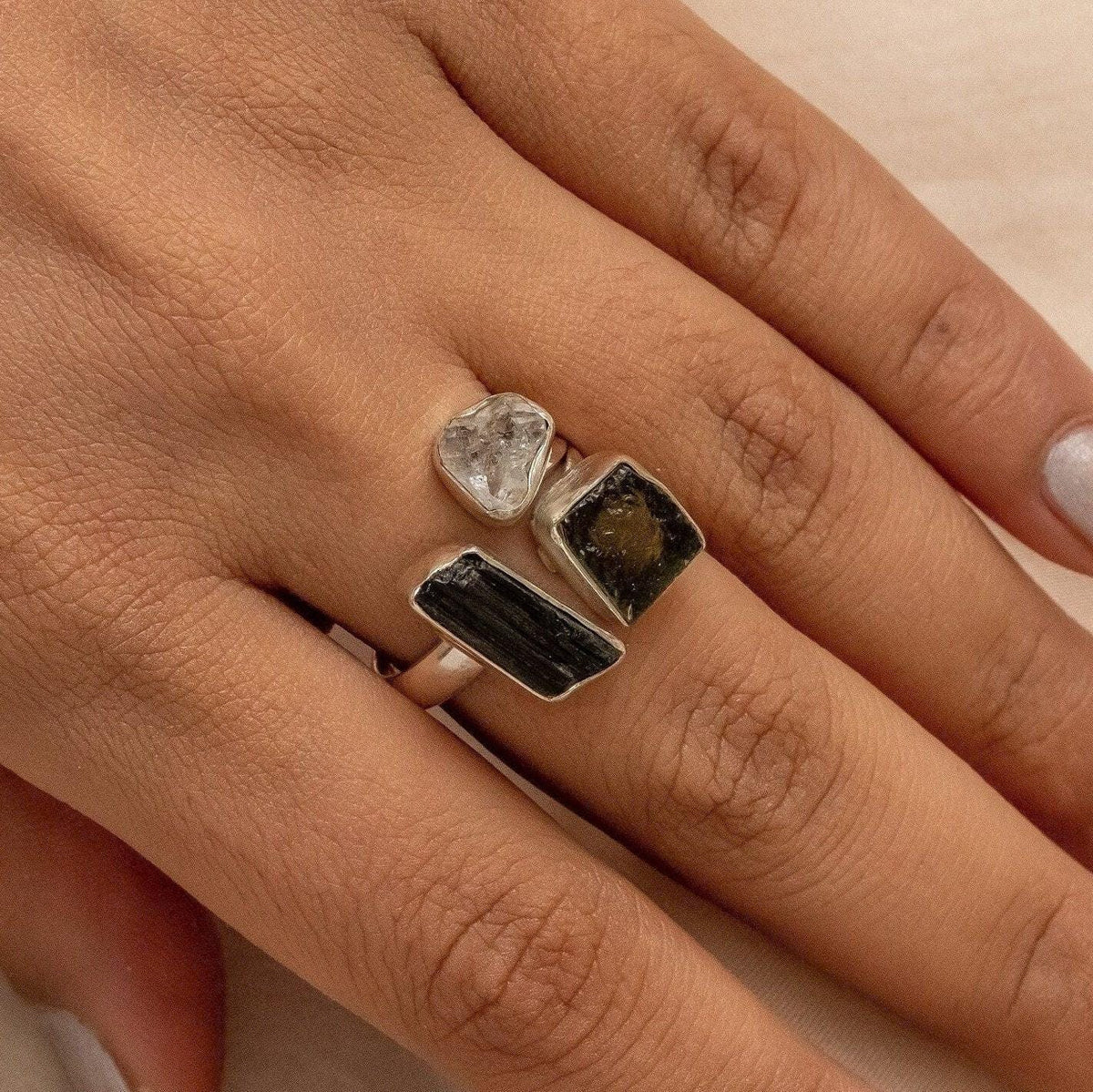 Moldavite, Black Tourmaline, Herkimer Diamond Ring With Certified Czech Republic Natural Gemstone 925 Solid Sterling Silver Handmade Jewelry - Silverhubjewels