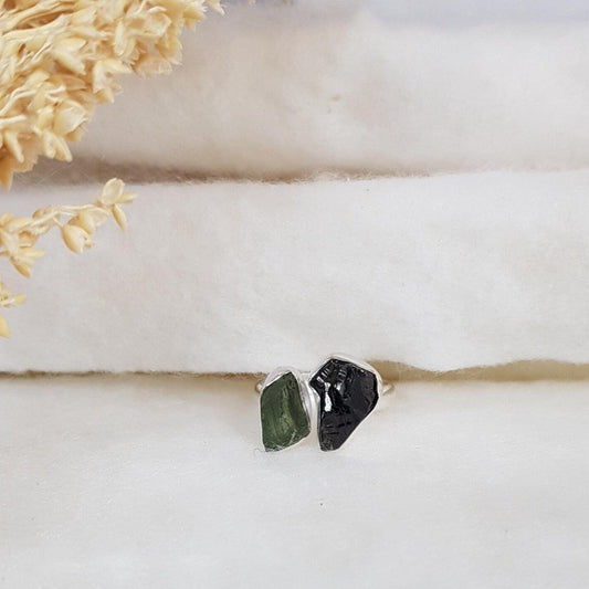 Authentic Moldavite Ring, Shungite Rough Natural Gemstone 925 Solid Sterling Silver from Czech Republic Sterling Silver Handmade Jewelry
