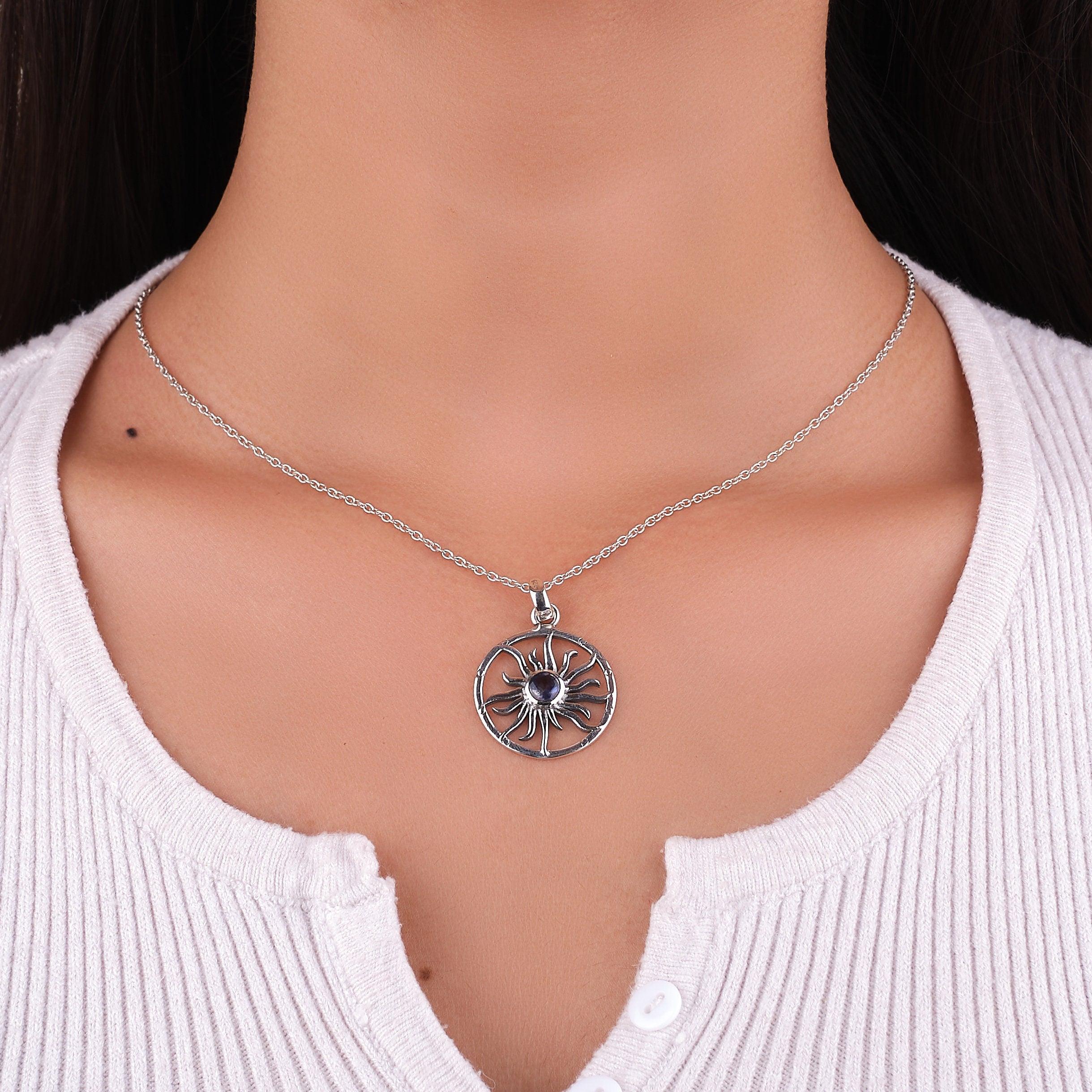 Natural Birthstone Sun Pendant Surya 925 Solid Sterling Silver Handmade Necklace Jewelry - Silverhubjewels
