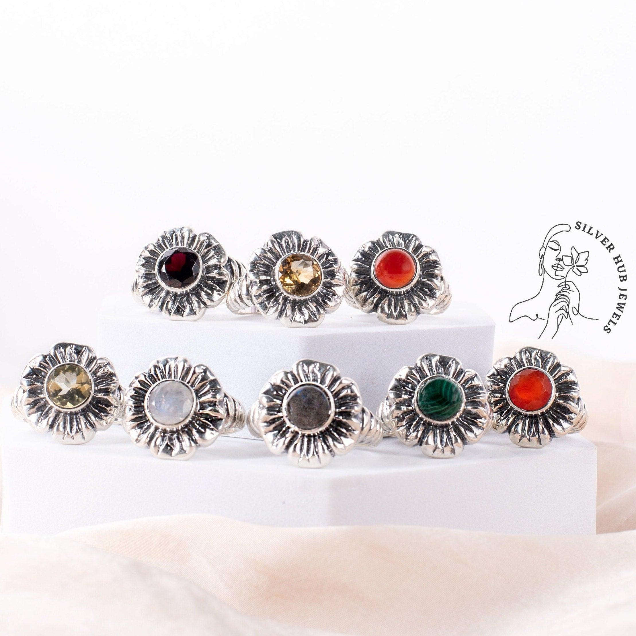 Vintage Sterling Silver Round Shape flower ring-Family birthstone ring-Boho Ring-Natural Gemstone Ring-Multi stone Ring-Gift for mom - Silverhubjewels