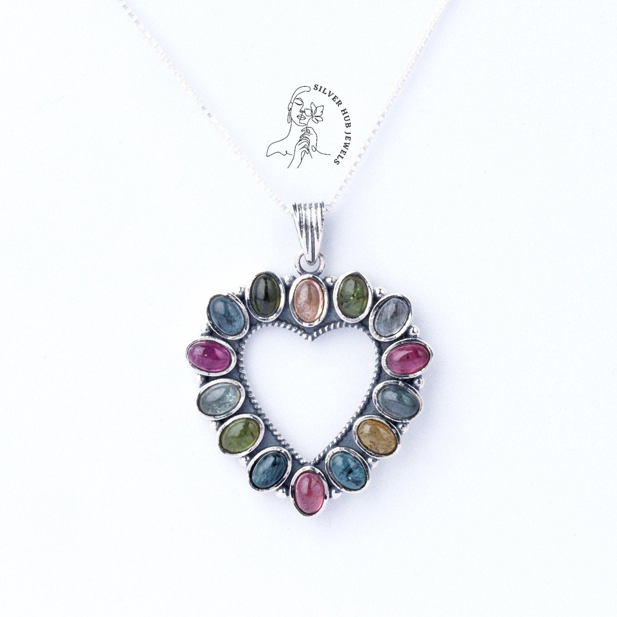 Gemstone Heart Shaped Tourmaline Opal Sterling Silver Necklace | Dainty Necklace | Valentines Day Gift |Gift For Her | Bridemaids Gift - Silverhubjewels