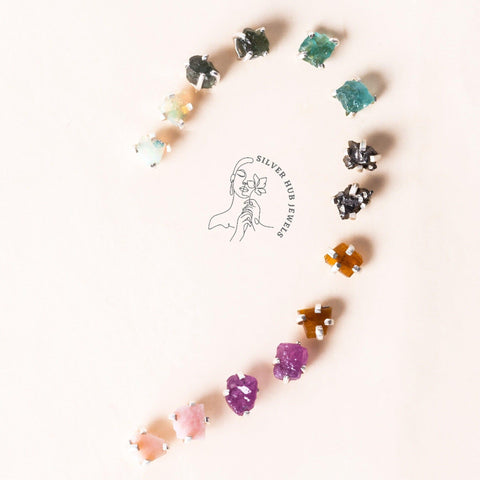 Raw Stud Earrings Raw Stone Earrings | Sterling Silver Stud Earrings | Gift For Her | Raw Gemstone Jewelry | Birthday Gift - Silverhubjewels