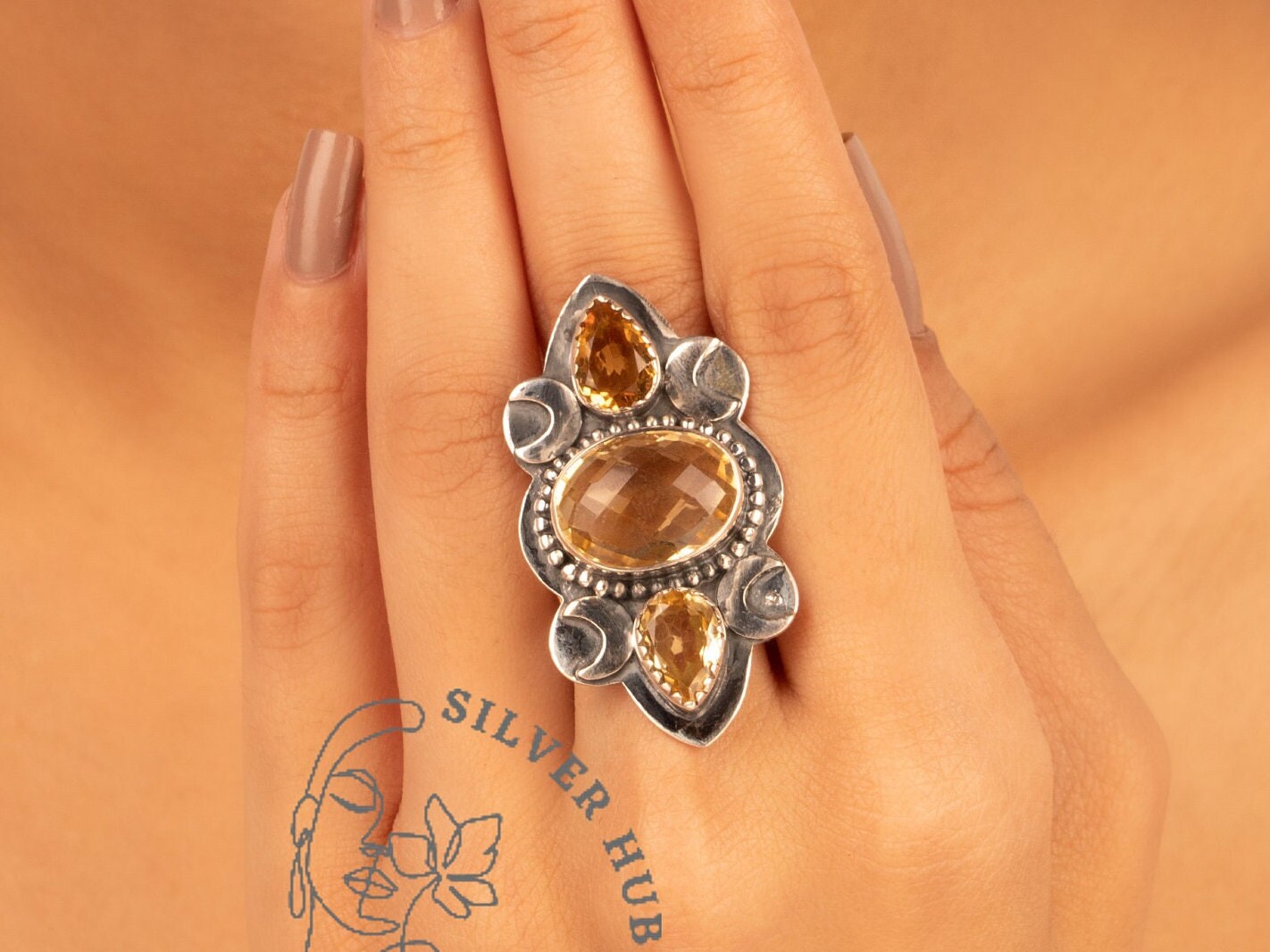 Antique Natural Citrine Ring, Gemstone Ring, Band Ring, 925 Sterling Silver Jewelry, Wedding Gift, Ring For Wife
