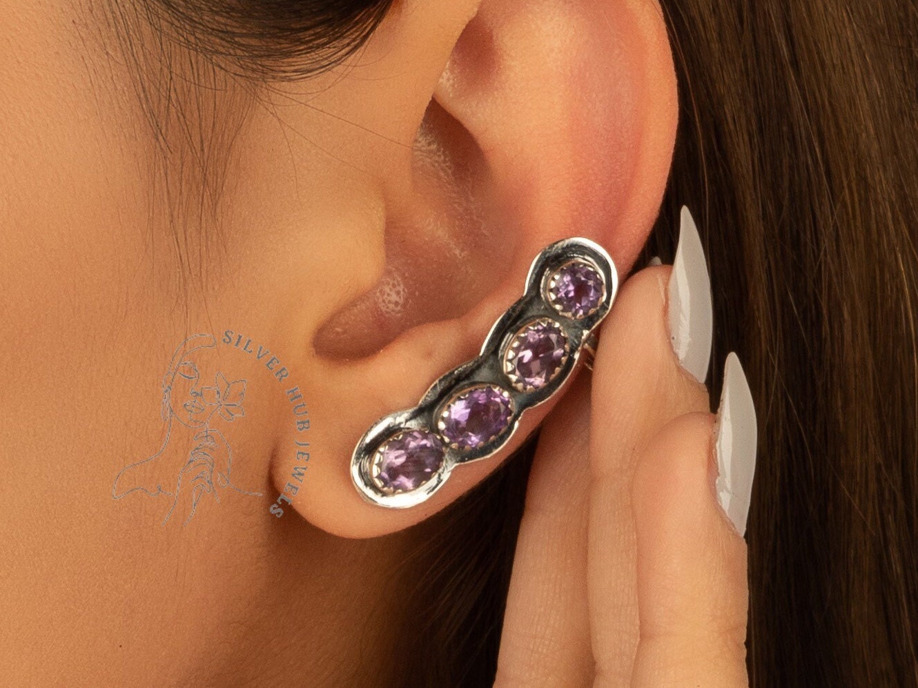 Rare Amethyst Ear Cuff Earrings, Gemstone Earrings, Purple Stud Earrings, 925 Sterling Silver Jewelry, Engagement Gift, Earrings For Mother